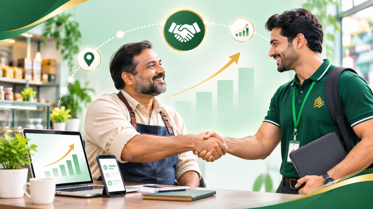 A TejViral Partner shaking hands with a local shop owner, with growth charts on a laptop and phone.